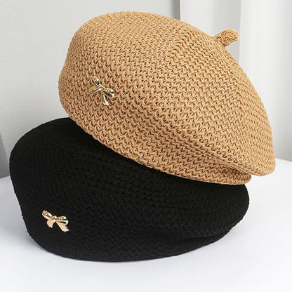 CLeemuzinN Women Summer Beret Hat Slouchy Crochet French Artist Caps Travel Beach Painters Hats Ladies Spring Fall - color: Black, size: Medium-Large
