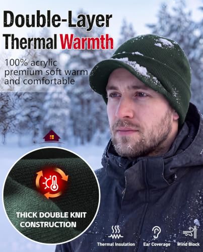 Home Prefer Men's Winter Beanie Hat with Brim Warm Double Knit Cuff Beanie Cap Watch Radar Hat - color: Bottle Green