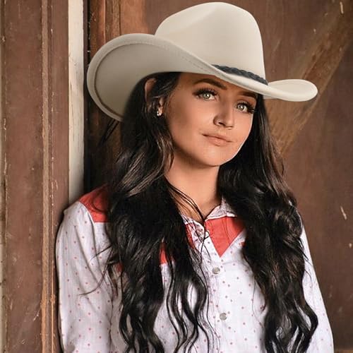 DRESHOW Western Cowboy Hat for Men Women Cowboy Cowgirl Hat Outdoor Wide Brim Retro Felt Fedora Hats Unisex Rolled up Caps - color: 1 Pack Style 8: Beige