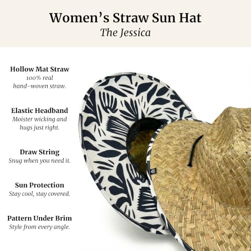 Women's Wide Brim Straw Sun Hat for Beach, Lifeguard Style, Hand-Woven Rush & Mat, Adjustable Chin Drawstring - color: The Jessica