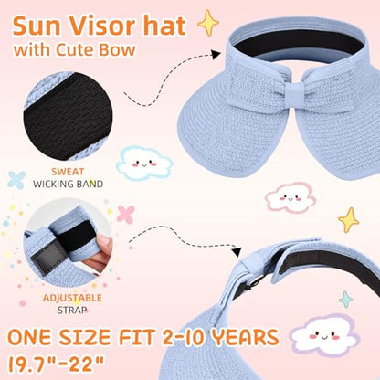 Girls Sun Visor Hat with Ponytail Hole Wide Brim Beach Straw Visor UPF 50+ - color: 1pack-sky Blue