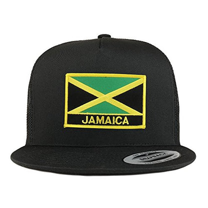 Trendy Apparel Shop Jamaica Flag 5 Panel Flatbill Trucker Mesh Snapback Cap - color: Black