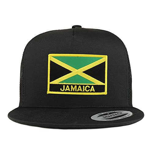 Trendy Apparel Shop Jamaica Flag 5 Panel Flatbill Trucker Mesh Snapback Cap - color: Black