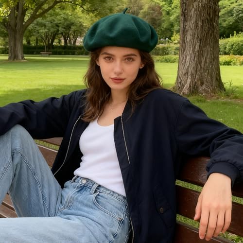 Women French Beret Hat Solid Artist Hat Wool Beret Winter Warm Beanie Cap - color: Dark Green