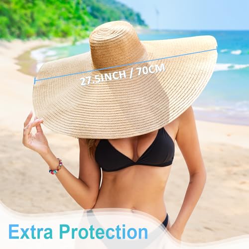Oversized Beach Hat for Women Wide Brim Straw Sun Hat UPF 50+ UV Protection Foldable Packable Travel Vacation Pool Outdoor - color: Khaki