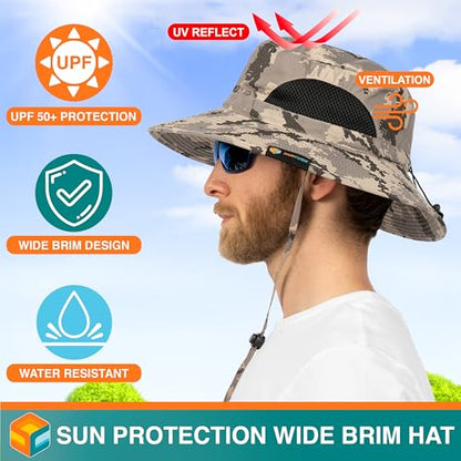 SUN CUBE Wide Brim Sun Hat for Men & Women, UPF 50+ UV Protection, Mesh Boonie Hat with Chin Strap, Fishing Hiking Hat - color: Camo Grey