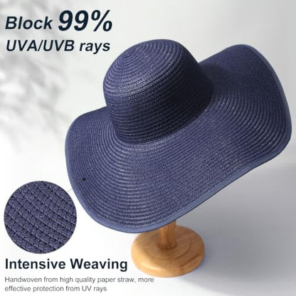 DRESHOW Big Straw Sun Hats for Women Floppy Foldable Roll up Beach Cap Sun Hat UPF 50+ Vacation Honeymoon Embroidered Hat - color: Medium Size: Navy / Brim 5.5" (Head Circumference 22-22.8")