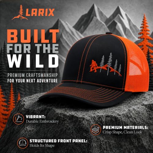 LARIX Trucker Hat Men - Snapback Cap with Breatheable Mesh Back, Hats for men, Mens Hat, Mens Trucker Hats - color: Black Orange (Wb)
