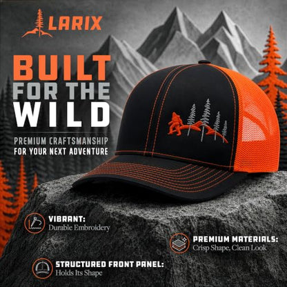 LARIX Trucker Hat Men - Snapback Cap with Breatheable Mesh Back, Hats for men, Mens Hat, Mens Trucker Hats - color: Black Orange (Wb)