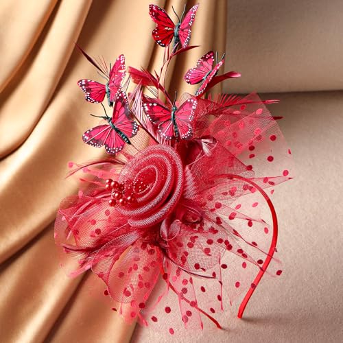 Zinniday Butterfly Derby Hat 2025 - Classic Tea Party Hats with Hair Clip, 1920s 50s Fascinators for Lady Woman - color: Red