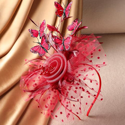 Zinniday Butterfly Derby Hat 2025 - Classic Tea Party Hats with Hair Clip, 1920s 50s Fascinators for Lady Woman - color: Red