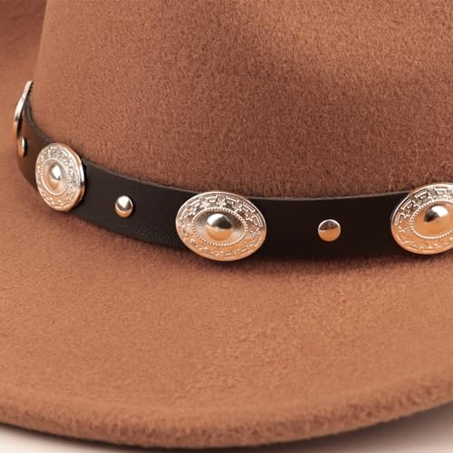 DRESHOW Women Men Classic Felt Wide Brim Western Cowboy & Cowgirl Cap Belt Buckle Retro Panama Hat Unisex Rolled up Caps - color: 1 Pack Style 1: Brown (Hat Circumference: 22-22.8")