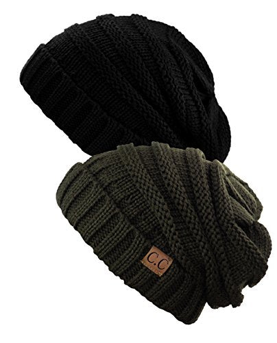 NYFASHION101 Oversized Baggy Slouchy Thick Winter Beanie Hat - color: Black & Dark Olive