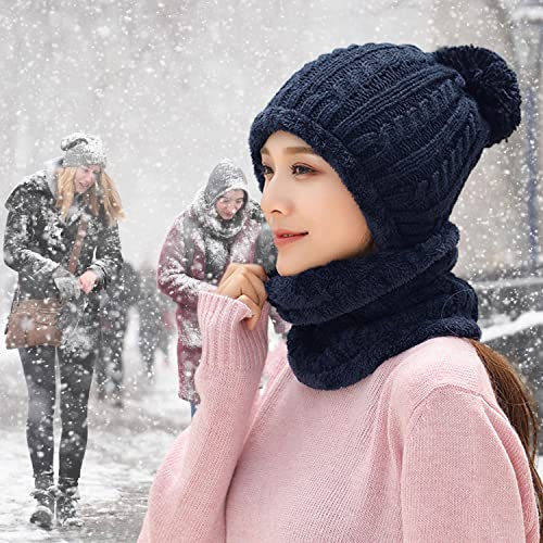 HUAMULAN Women Winter Knit Beanie Hats One Piece Fleece Lined Balaclavas - color: Navy