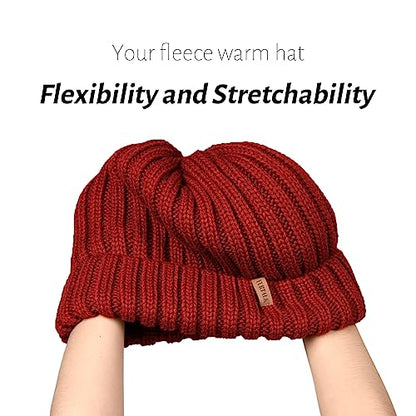 Fleece Lined Beanie Cable Knit Chunky Beanies Womens Snow Cap - color: Wine Red