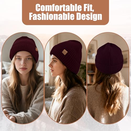 Unisex XXL Winter Hat, Fleece Lined Beanie Skull Cap Thermal Beanies Warm Ski Hat for Cold Weather - color: Oxblood