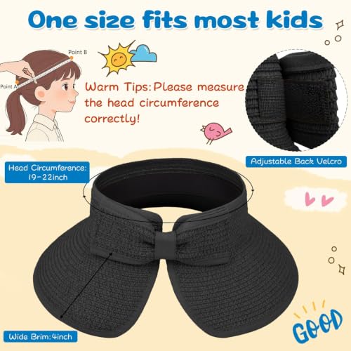 ZOORON Girls Straw Sun Visor Hat, Wide Brim Ponytail Beach Hat with Bow - color: Black