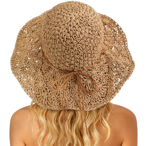 Beach Sun Straw Hats for Women Floppy Wide Brim UV Packable Summer - color: Khaki - Pineapple Knitted