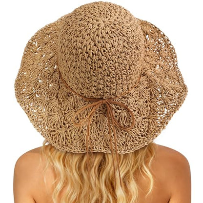 Beach Sun Straw Hats for Women Floppy Wide Brim UV Packable Summer - color: Khaki - Pineapple Knitted