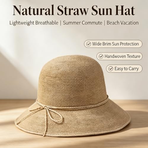 Straw Bucket Hats for Women Beach Sun Hat Foldable Packable Handmade Sun Protection Floppy Travel - color: Khaki-brim3.1"