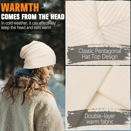 YANIKY Slouchy Beanie for Women, Mens Soft Cotton Beanie Hat, Double Layer Windproof Skull Cap for All Seasons - color: White