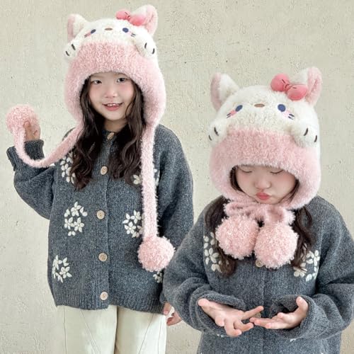 KORADI Girls Animals Knit Hats Winter Plush Beanies Hat Boys Warm Earflap Cute Cartoon Ski Cap Kid with Pom 2-12 Years - color: Pink