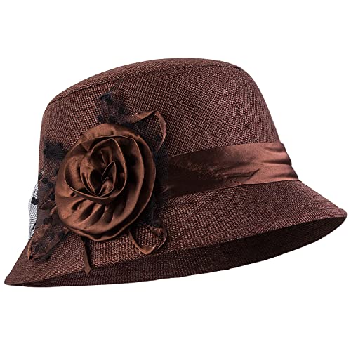 1920s Gatsby Church Cloche Derby Hats for Women Ladies Bow Bucket Wedding Bowler Hats Tea Party - color: Brown
