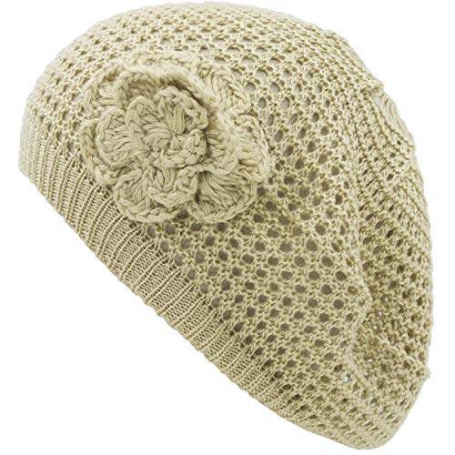 an Womens Crochet Hat Flower Beanie Beret Fashion Accessory Lightweight Knit Cap - color: Beige Net