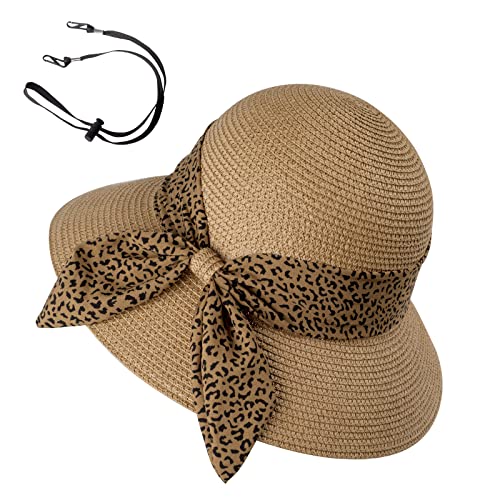 Womens Straw Sun Hat Summer Beach Wide Brim UV Protection Hats with Chin Strap Floppy Foldable Cute Bowknot UPF 50 Cap - color: Leopard Khaki