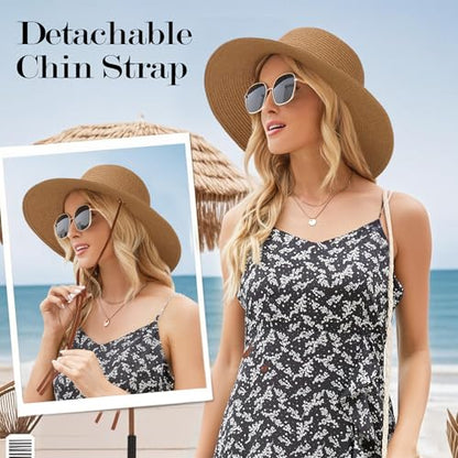 Beach Hat for Women, Wide Brim Sun Straw, UPF 50+ Foldable Floppy Sun Hat - color: B-10.5cm,khaki