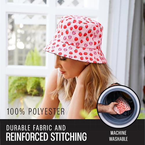 Rave Bucket Hat for Women & Men - Cute Bucket Hats - Festival Hat Adjustable 50+ SPF Protection Rave Accessories - color: Strawberry