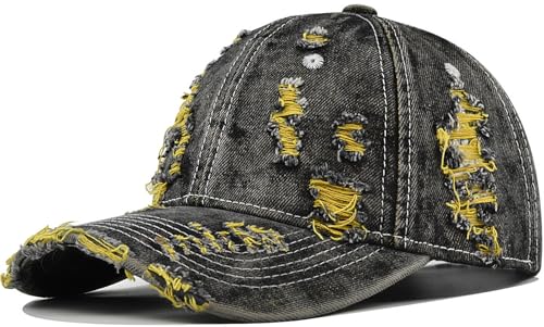 Distressed Washed Denim Baseball Cap Vintage Ripped Strapback Sun Hat for Men Women - color: Yellow