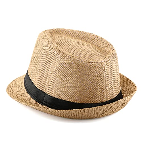FALETO Unisex Summer Panama Straw Fedora Hat Short Brim Beach Sun Cap Classic - color: #01 Khaki