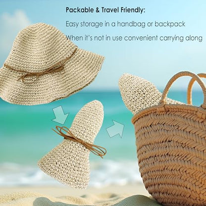 Womens Beach Sun Straw Hat Summer Floppy Wide Brim Foldable Packable - color: Bow Khaki