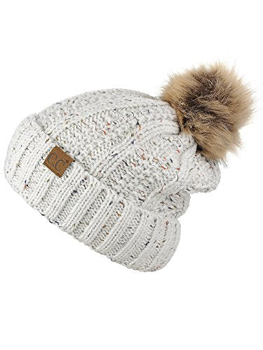 C.C Thick Cable Knit Faux Fuzzy Fur Pom Fleece Lined Skull Cap Cuff Beanie - color: Confetti Ivory