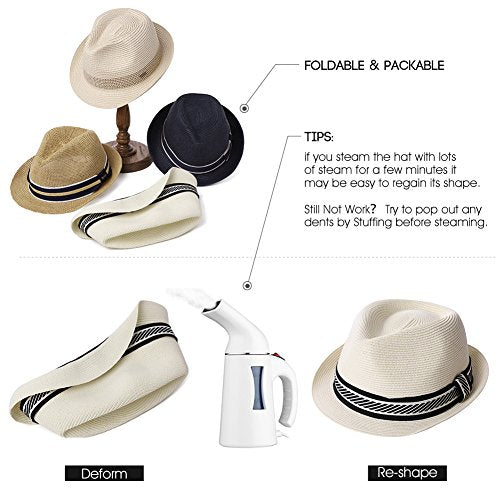 Fancet Packable Straw Fedora Panama Sun Summer Beach Hat Cuban Trilby Men Women 56-67cm - color: Beige-black, size: Large