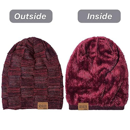 Senker Fashion 2 Pcs Winter Slouchy Beanie Hats for Men, Warm Mens Beanies - color: Red Black