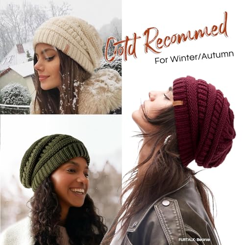FURTALK Winter Beanie Hat for Women Satin Lined Cable Knit Chunky Slouchy Beanies Skull Warm Cap - color: Aged Brick