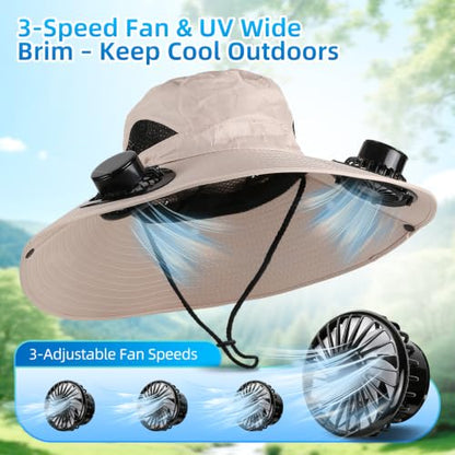Hat with Fan Wide Edge, Waterproof Solar Powered Fan Hat with 2 Solar Fans 3-Speed Adjustable for Men and Women - color: Off-white