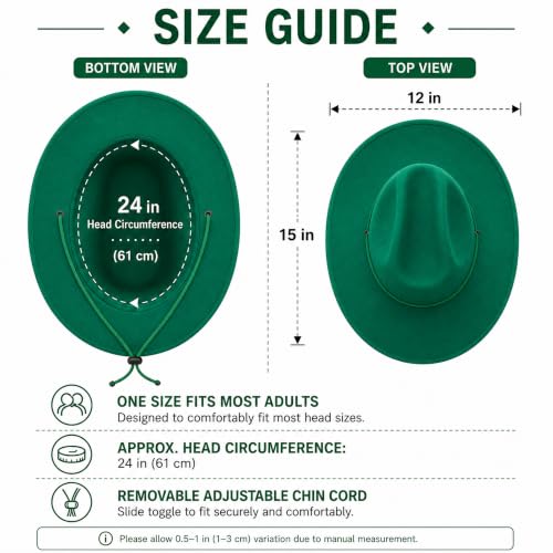 COLLECT PRESENT Plain Felt Cowboy & Cowgirl Hat for Men and Women | Western Studded Cowboy Hat in Adult Sizes - color: Green
