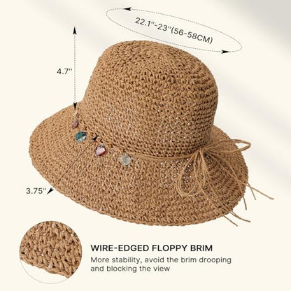 Beach Sun Hats for Women, Wide Brim Straw Hat, UPF 50+ UV Protection - color: Khaki-shell