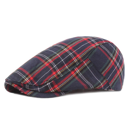 QHFHULV Newsboy Cap for Men Cotton Flat Gatsby Ivy Golf Cabbie Driving Hat - color: Plaid Navy