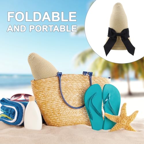 DRESHOW Sun Hats for Women Travel Fedora Foldable Beach Sun Hat Summer Wide Brim Straw Bucket Hat with Bowknot UPF 50+ - color: 1 Pack With Bowknot: Beige