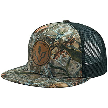 BASSDASH Flat Brim Trucker Cap Adjustable Snapback Hat Mesh Back for Men Women - color: Autumn Forest