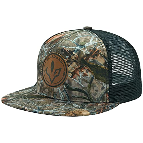 BASSDASH Flat Brim Trucker Cap Adjustable Snapback Hat Mesh Back for Men Women - color: Autumn Forest