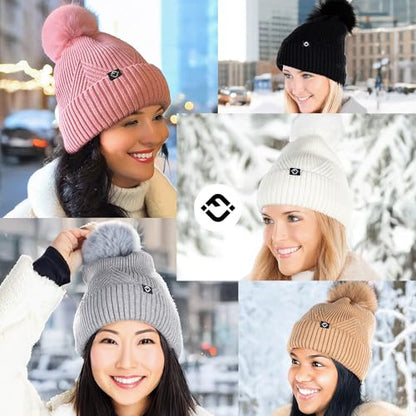 Funky Junque Basics Womens Pom Pom Beanie Winter Hats Cute Diagonal Pattern Fleece Lined Warm Stocking Caps Pompom Toboggan - color: Black
