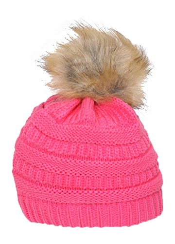 Gravity Threads Cable Knit Faux Fur Pom Pom Beanie Hat - color: New Candy Pink