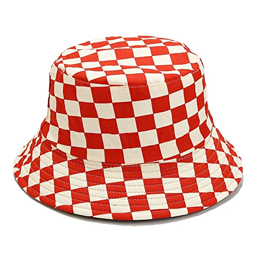 Cotton Checkered Bucket Hat Summer Fashion Fisherman Beach Sun Hats for Women and Men - color: Red