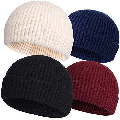 ROYBENS Wool Fisherman Beanies for Men Knit Short Watch Cap Winter Warm Hat - color: 4pcs-beige, Navy Blue, Black, Wine Red