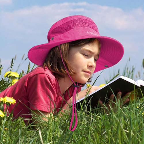 Century Star Outdoor Kids Sun Hat UPF 50+ Quick Dry Adjustable Bucket Hat Windproof Waterproof Beach Fishing Safari Hat - color: Rose Red